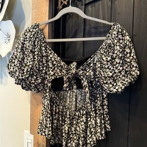 Altar'd State Black Floral Tie-Back Blouse